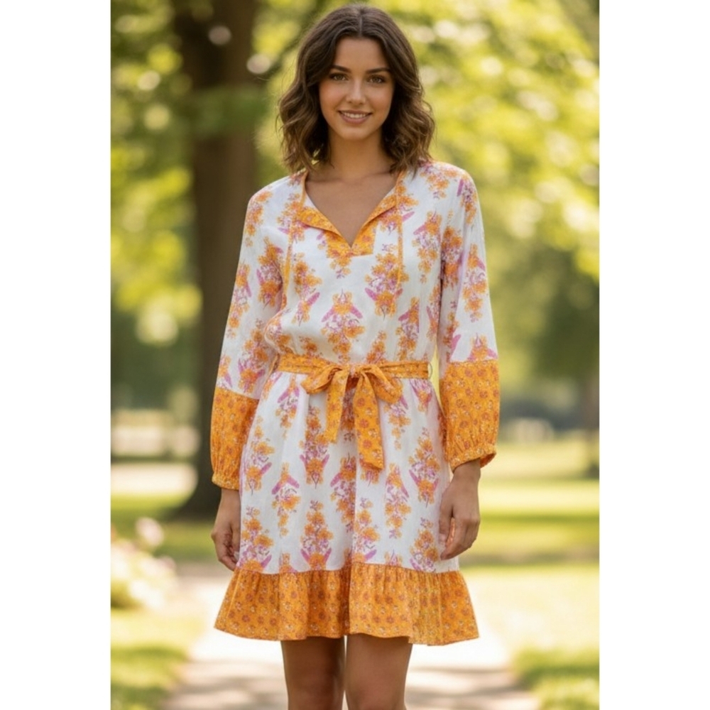 J.Crew Factory Floral Paisley Belted Dress White Size XS